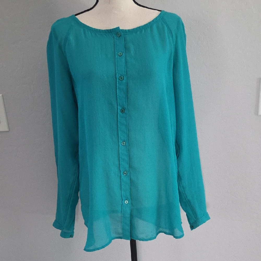 LOFT Women's Green Button-Up Long Sleeve Sheer Blouse Size Med